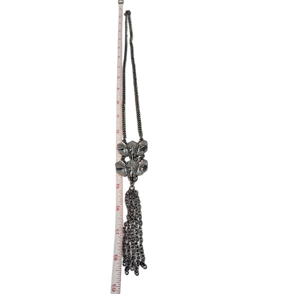 Double Elephant Head Pendant Opera Length Lariat Silver plate Necklace w Tassel - Picture 5 of 6